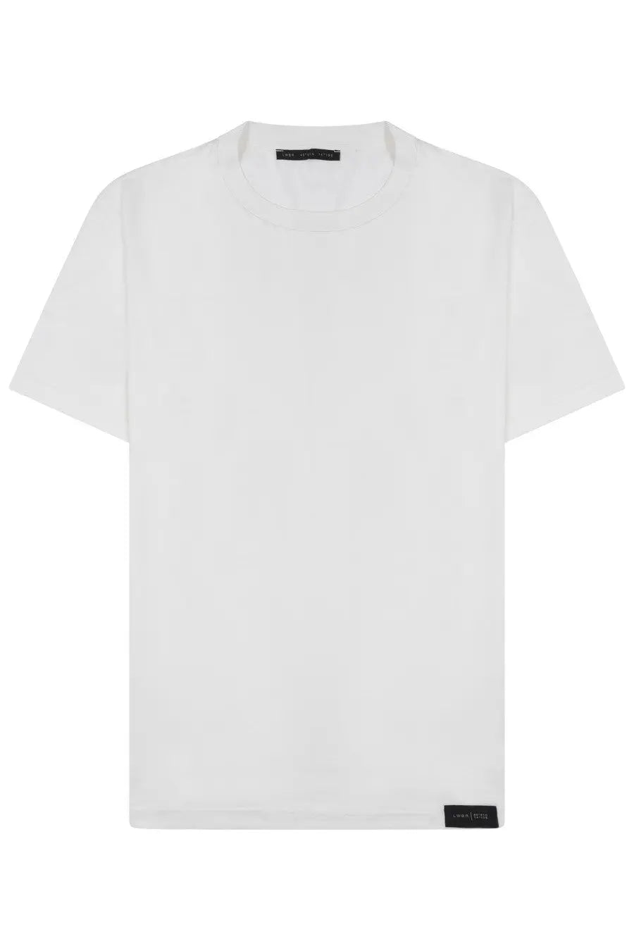 Low brand men’s cotton shirt white with crew neck short sleeves and subtle black brand labels at neckline and hem