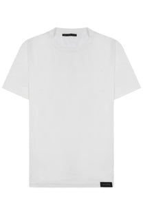 Low brand men’s cotton shirt white with crew neck short sleeves and subtle black brand labels at neckline and hem