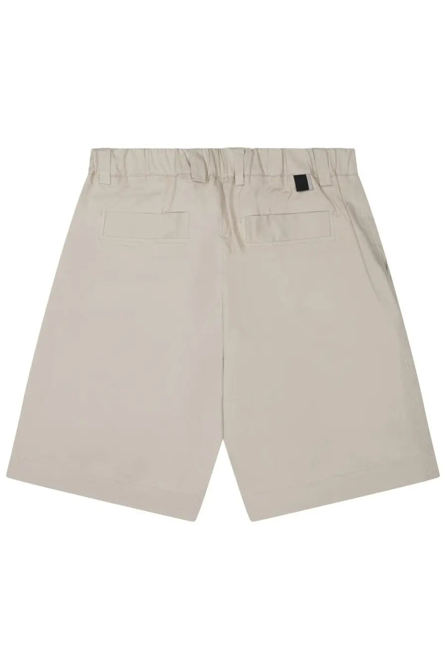 Beige low brand men’s cotton shorts with elastic waistband and two back pockets shown from the back side