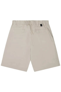 Beige low brand men’s cotton shorts with elastic waistband and two back pockets shown from the back side