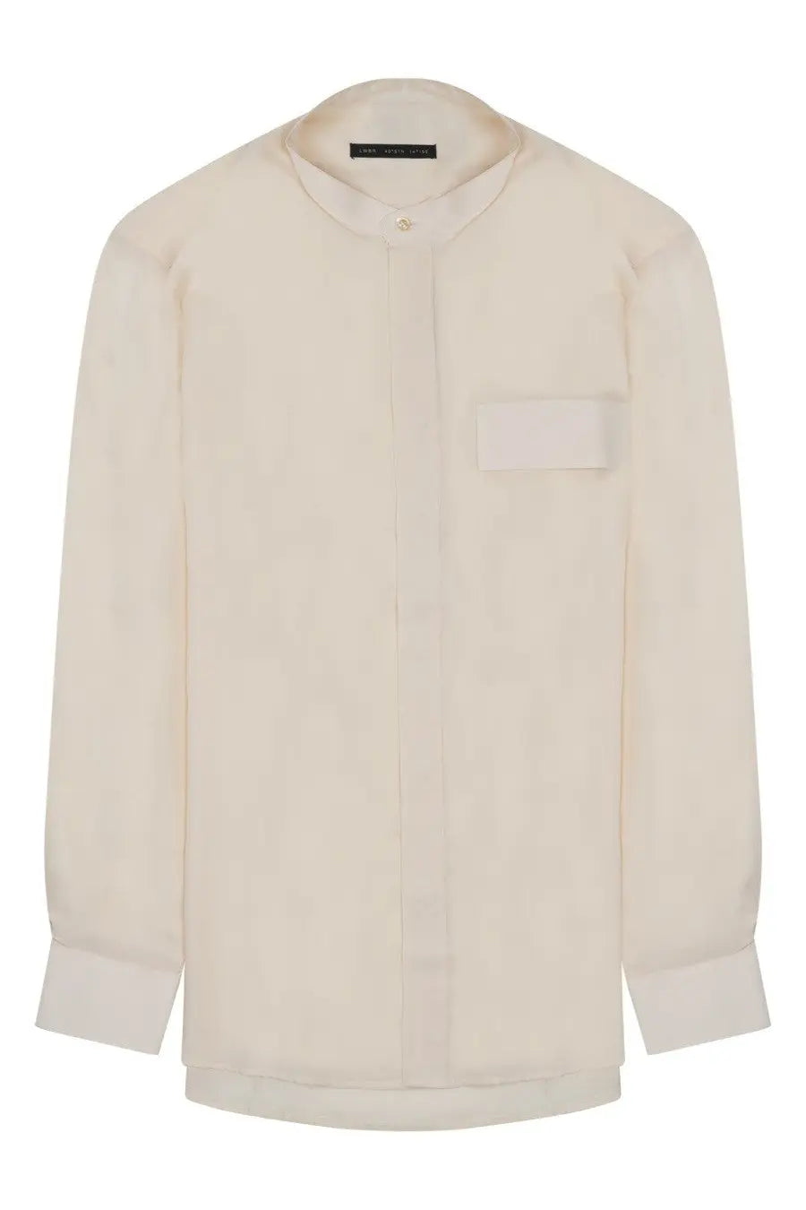 Low Brand men’s lyocell shirt beige cream colored minimal button-up with stand collar and single chest pocket