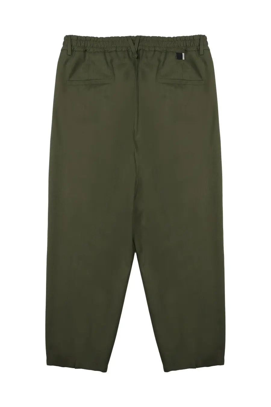Back view of olive green low brand men’s pantalone zen tropical green elastic waist trousers with two pockets