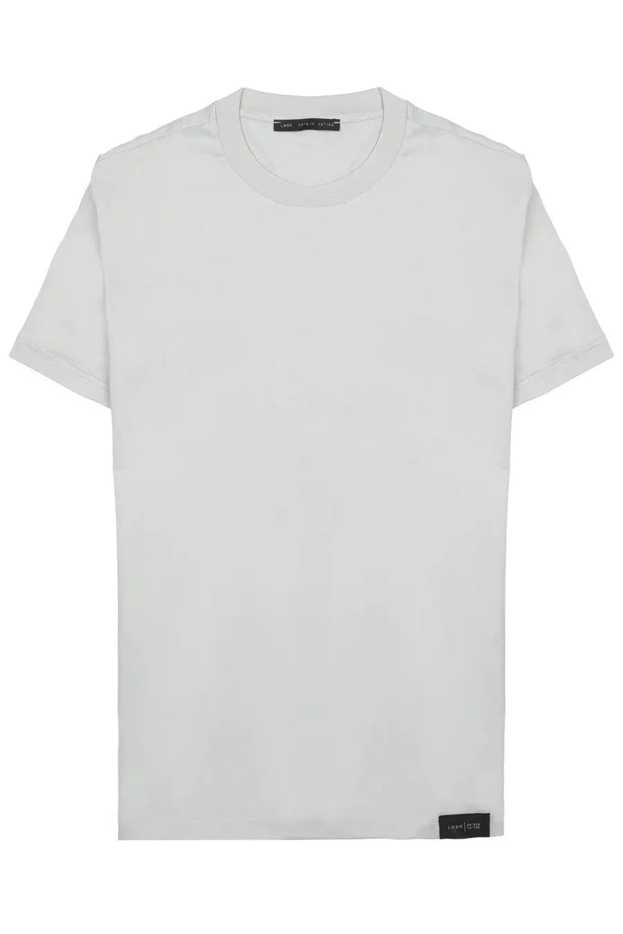 Low brand men’s white cotton jersey shirt with crew neck short sleeves and subtle black brand tags at collar and hem