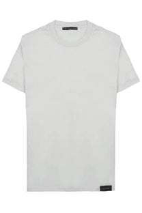 Low brand men’s white cotton jersey shirt with crew neck short sleeves and subtle black brand tags at collar and hem