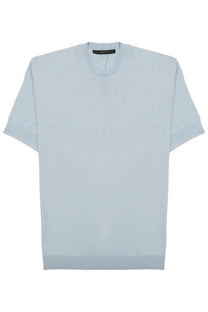 Light blue short-sleeved knit sweater with ribbed cuffs and hem low brand men’s shirt techno in viscosa blue