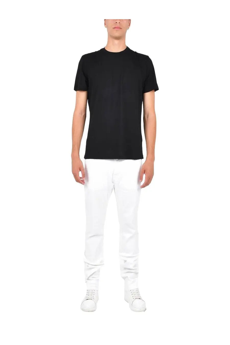 Black short-sleeved crew neck wool shirt for men by Low Brand in black color