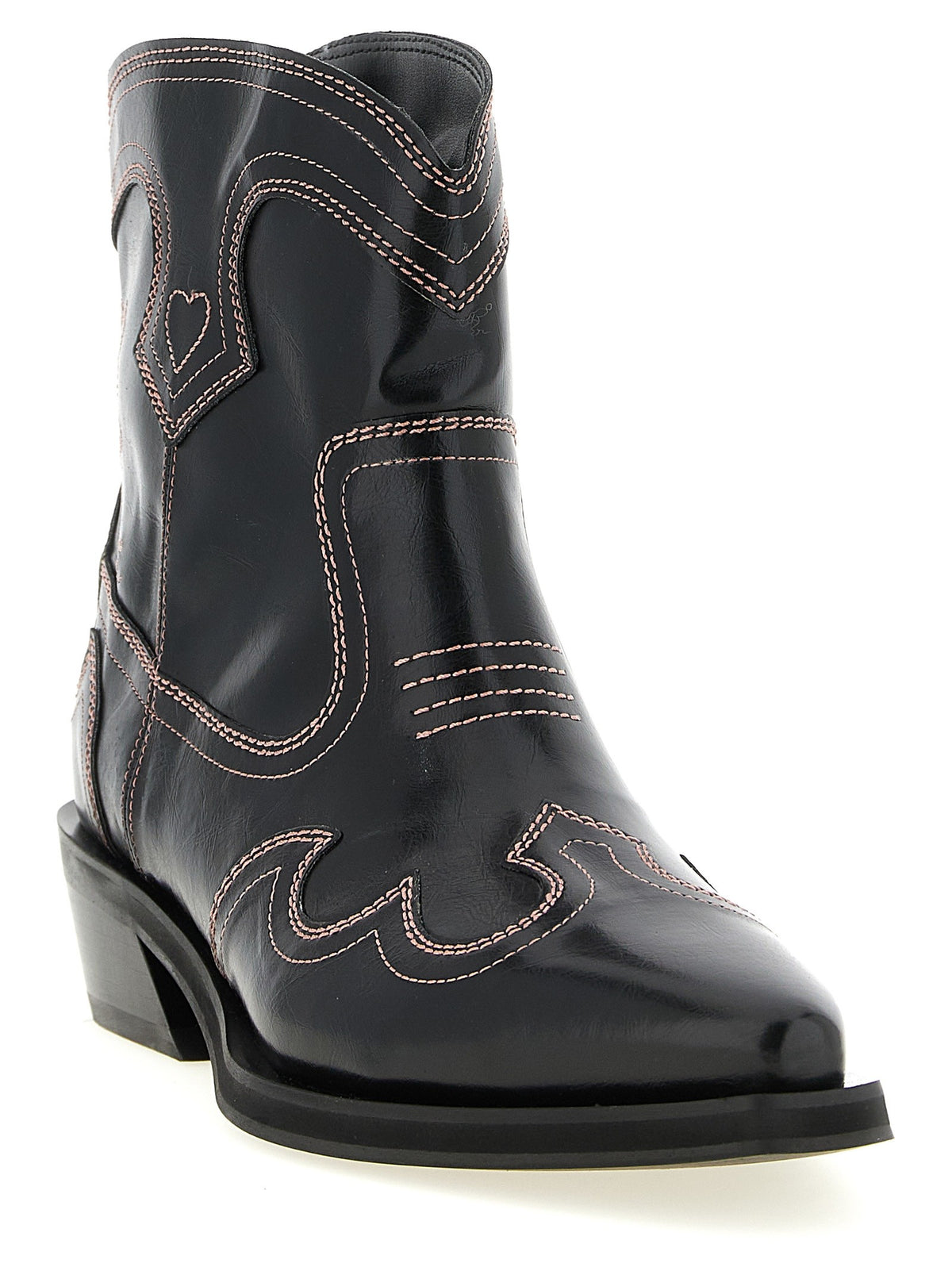 Ganni Low Shaft Embroidered Western Ankle Boots Black