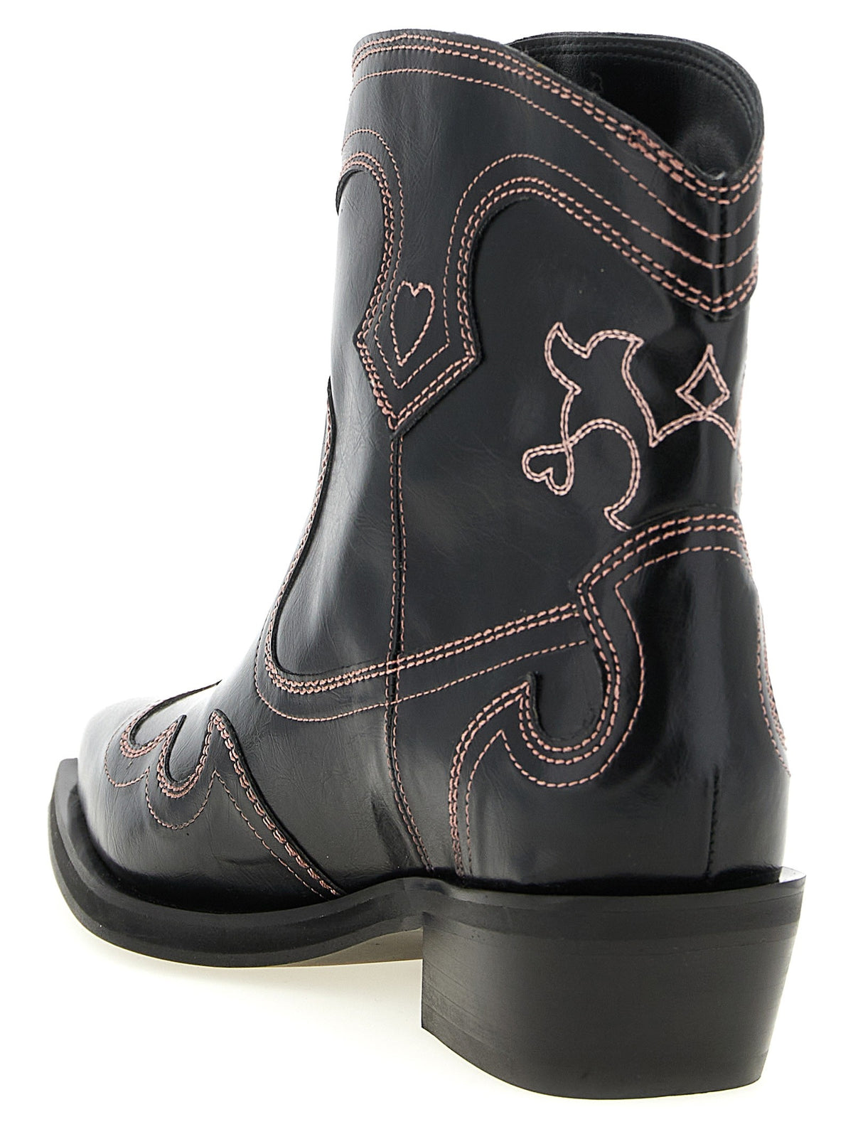 Ganni Low Shaft Embroidered Western Ankle Boots Black