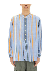 Madras x Nigel Cabourn men’s cotton shirt with light blue orange and white vertical stripes and mandarin collar