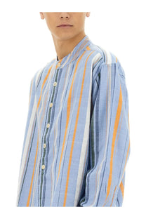 Madras x Nigel Cabourn men’s cotton shirt with light blue orange and white vertical stripes and mandarin collar