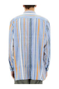 Madras x Nigel Cabourn men’s cotton shirt with light blue orange and white vertical stripes and textured weave