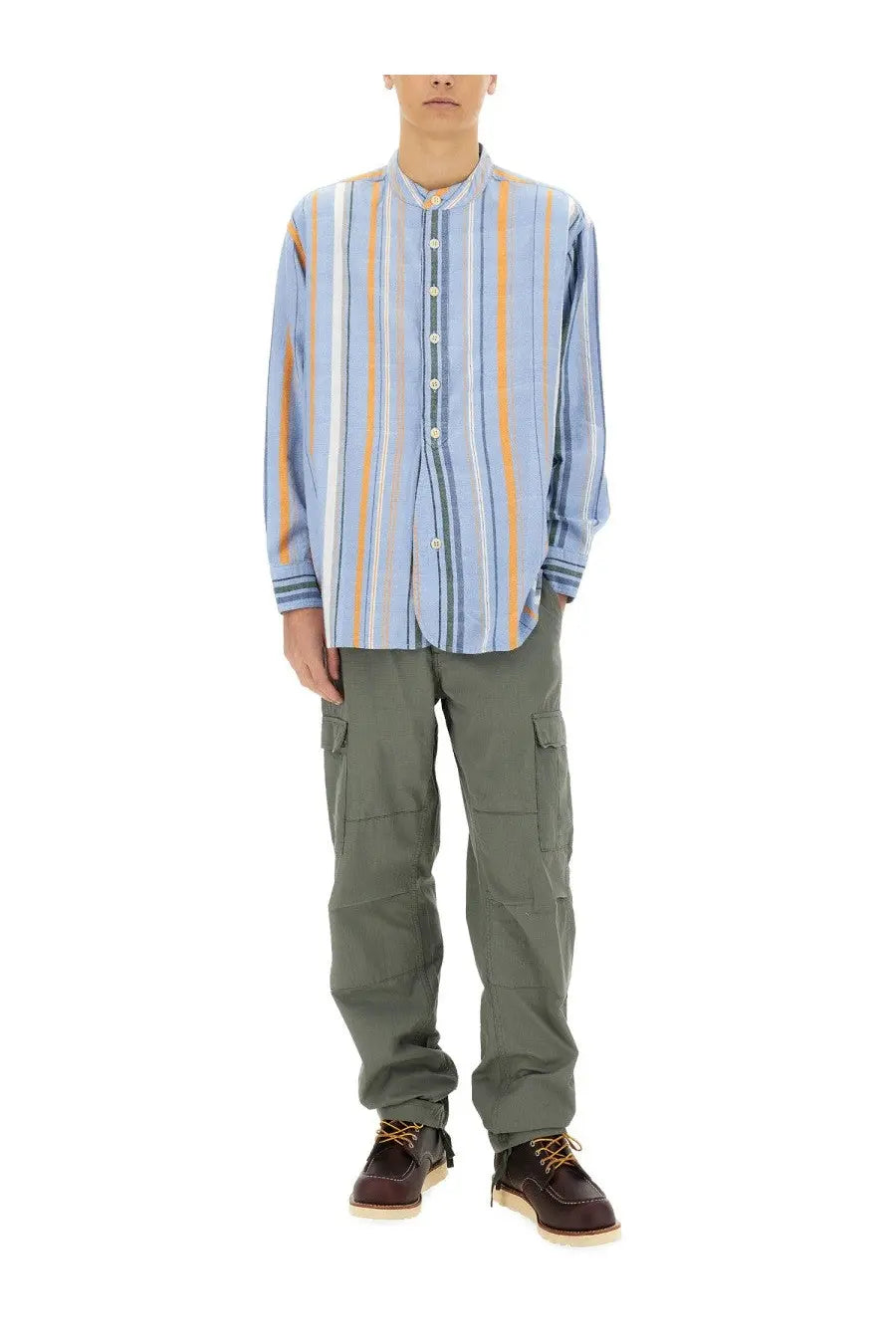 Madras x nigel cabourn men’s cotton long-sleeved button-up shirt with vertical stripes in light blue white and orange