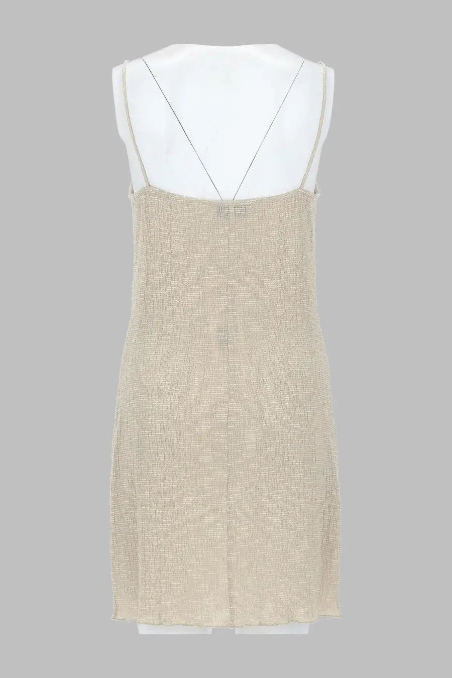 Beige textured linen slip dress with thin spaghetti straps from Magda Butrym featuring floral applications