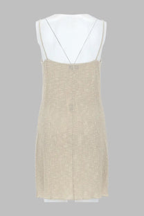 Beige textured linen slip dress with thin spaghetti straps from Magda Butrym featuring floral applications