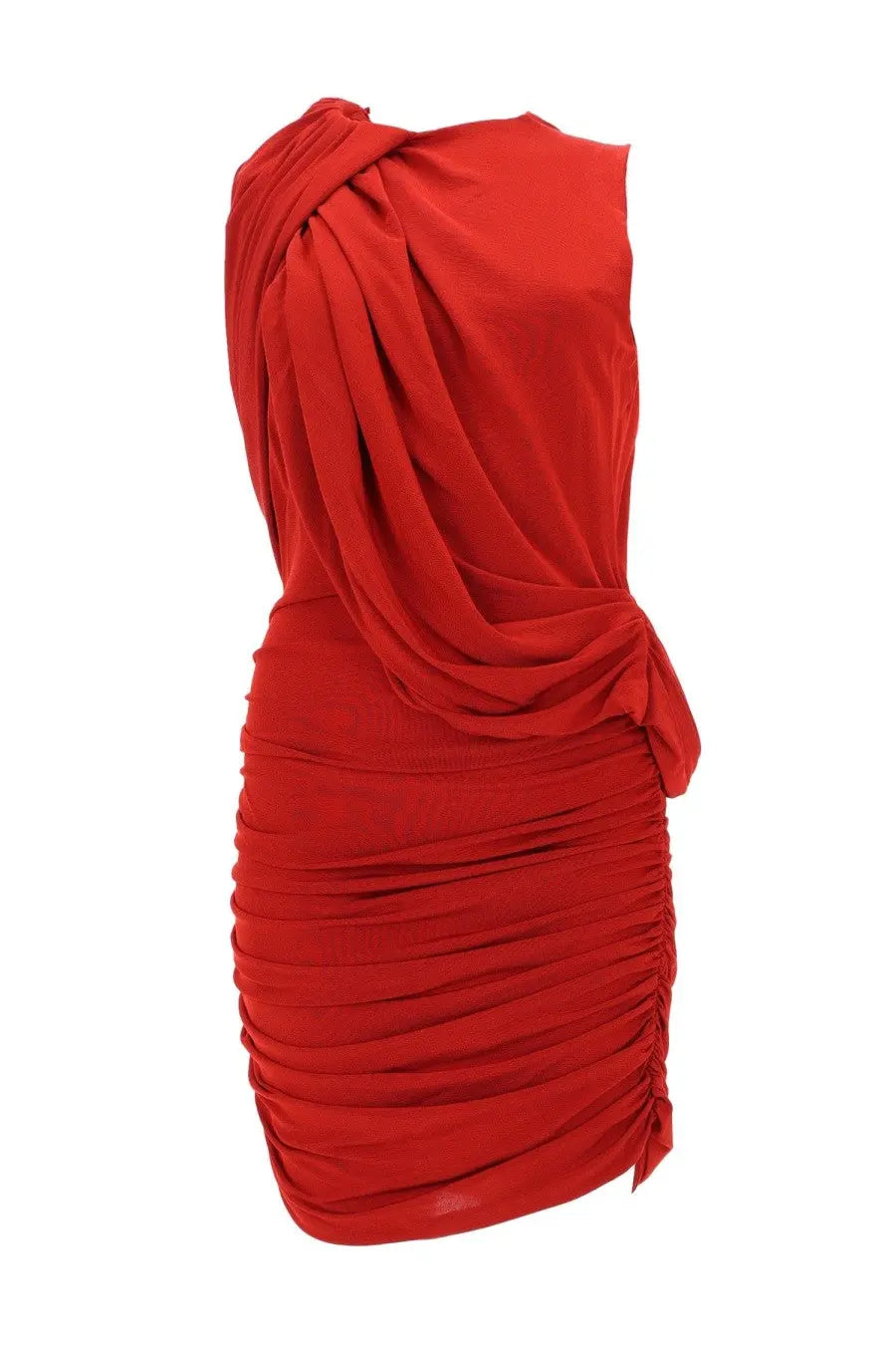 Magda Butrym women’s abito corto con drappeggio red sleeveless dress with asymmetrical neckline and ruched bodice