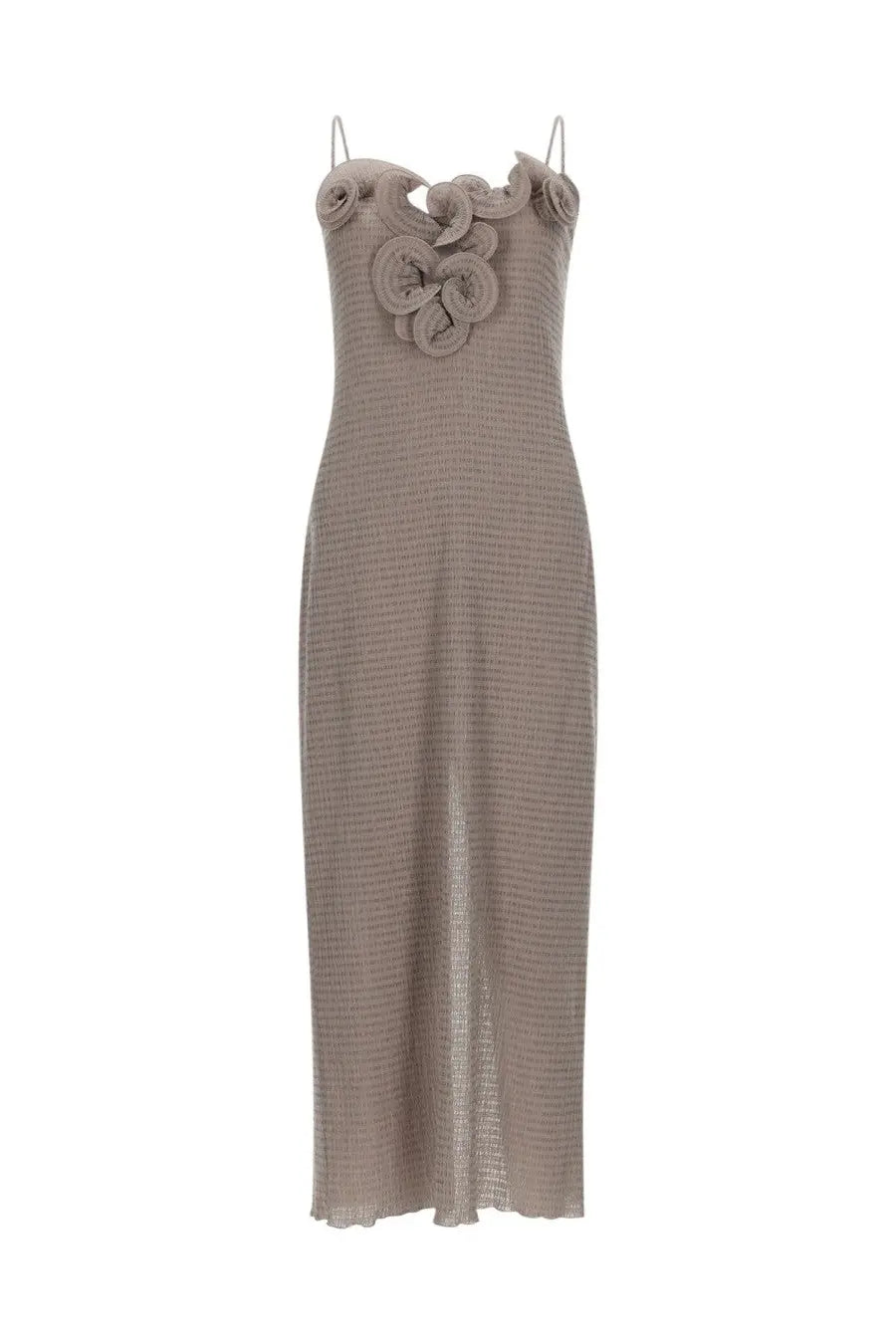 Magda Butrym women’s abito in crêpe brown taupe textured spaghetti strap dress with floral embellishment at neckline