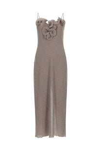Magda Butrym women’s abito in crêpe brown taupe textured spaghetti strap dress with floral embellishment at neckline