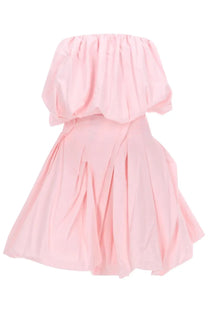 Magda Butrym women’s soft pink off-the-shoulder mini dress with puffed ruched bodice and pleated cotton popeline skirt