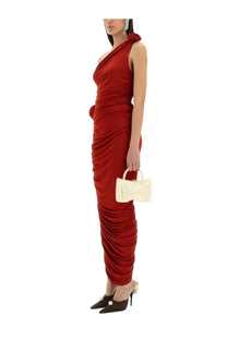 Cream-colored ribbed textured mini handbag with structured rectangular shape and top handle for magda butrym red midi skirt