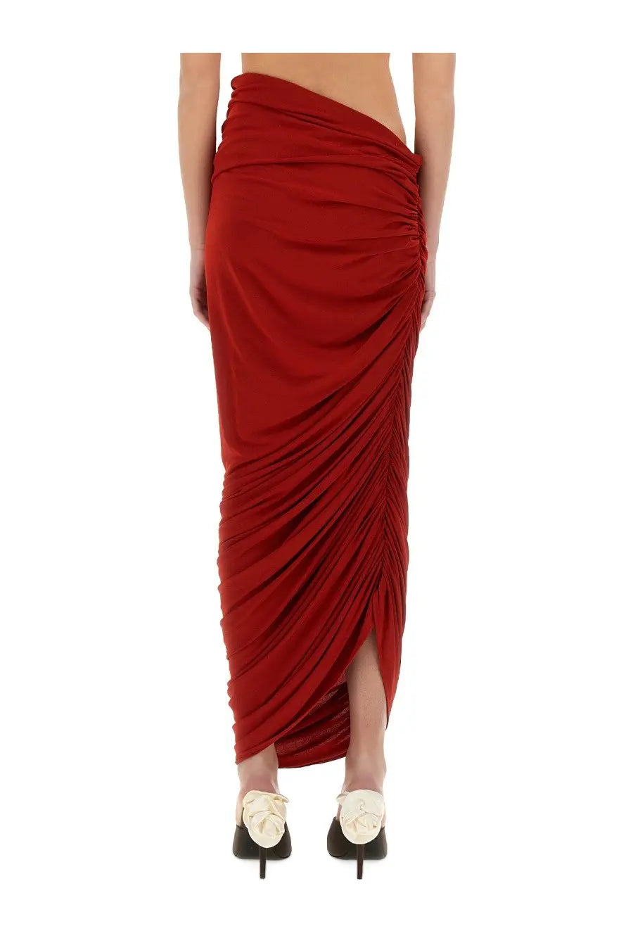 Magda Butrym women’s deep red asymmetrical draped midi skirt with ruched design and flowing fabric