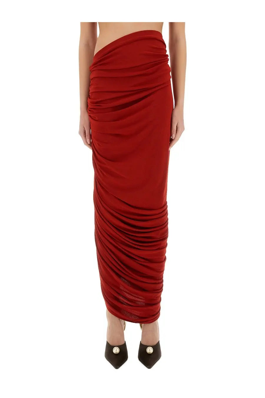A vibrant red ruched midi skirt with sleek asymmetrical draped design by Magda Butrym for women