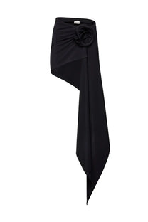 Magda Butrym women’s asymmetrical black skirt with draped fabric and large floral embellishment at the waist