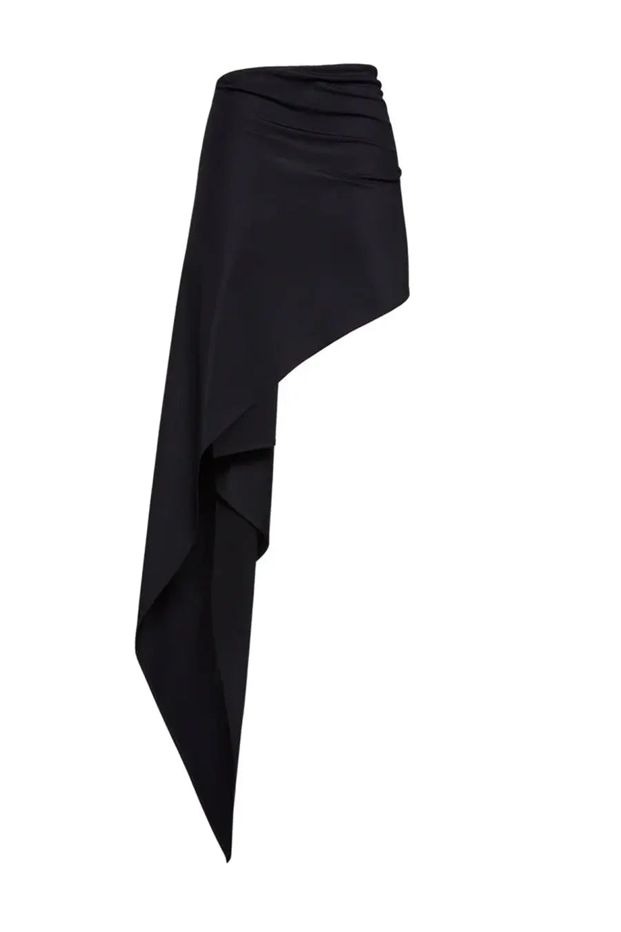 Magda Butrym women’s black asymmetrical wrap skirt with draped flowing silhouette perfect for swimwear cover-up
