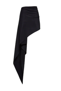 Magda Butrym women’s black asymmetrical wrap skirt with draped flowing silhouette perfect for swimwear cover-up