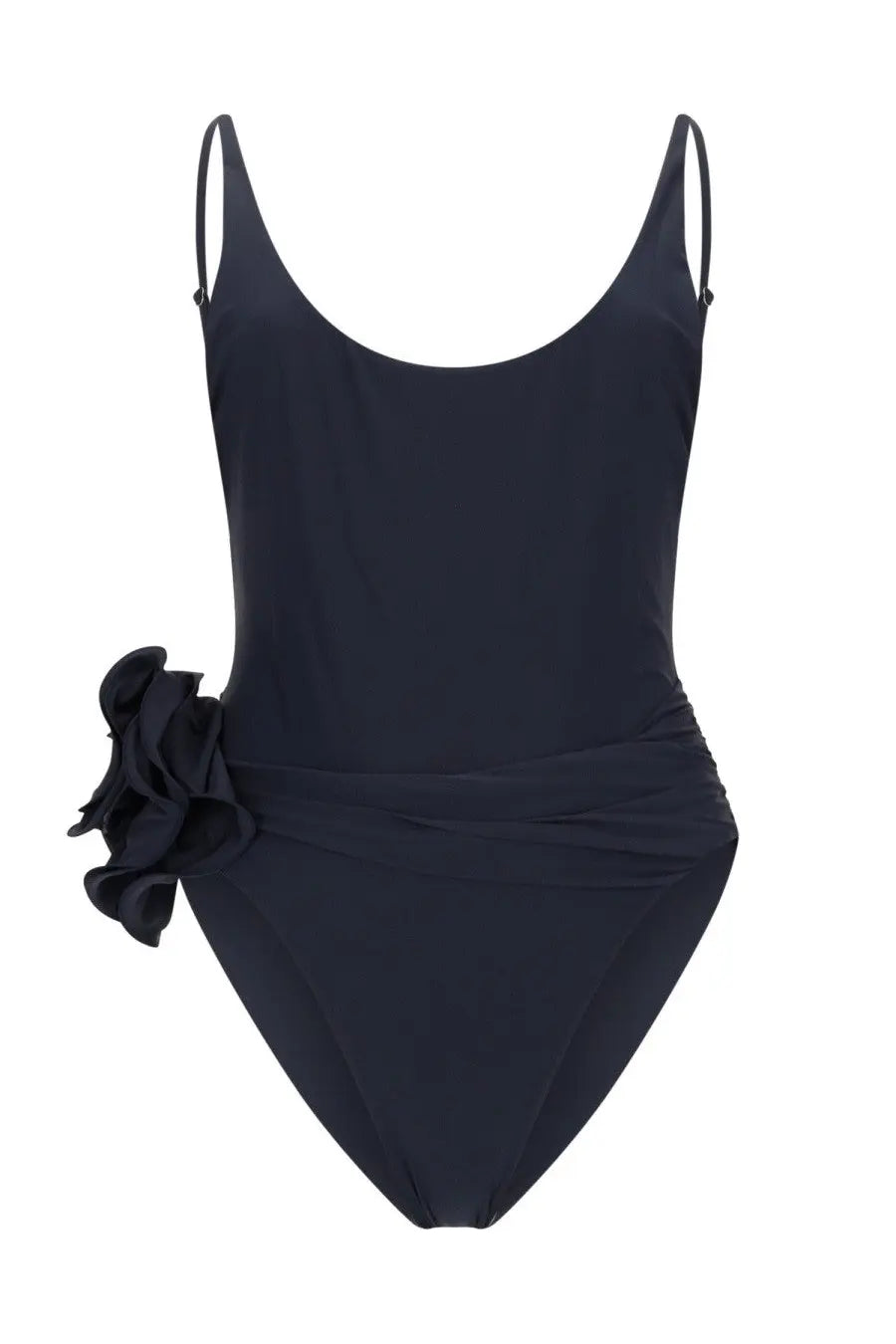 Magda Butrym women’s navy blue one-piece swimsuit with ruched design and large black fabric flower on the side