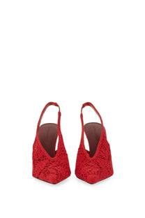 Magda Butrym women’s red crochet slingback heels with pointed toe and slender heel displayed from the back side