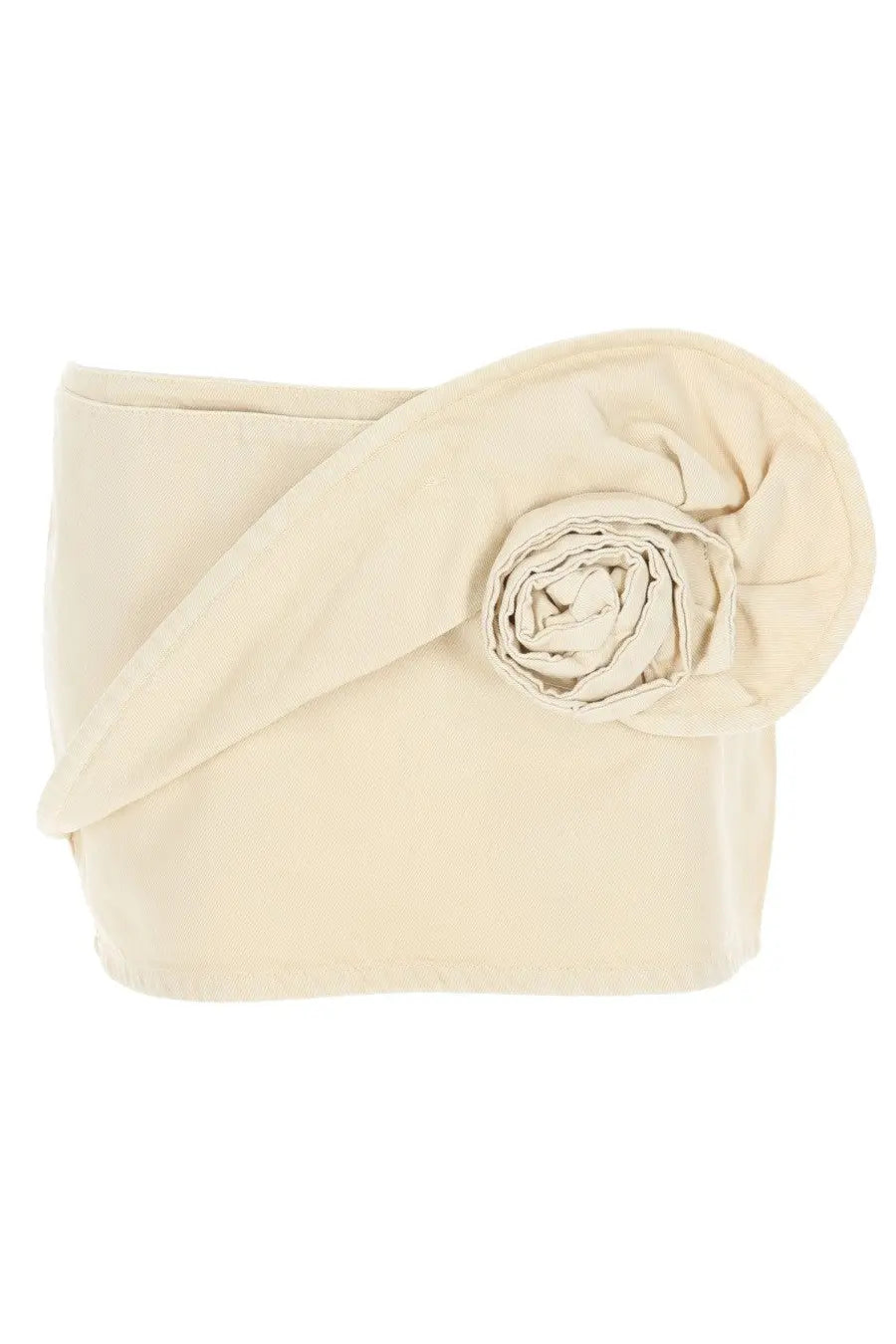 Cream-colored fabric clutch with rolled rose accent paired with Magda Butrym women’s beige denim miniskirt