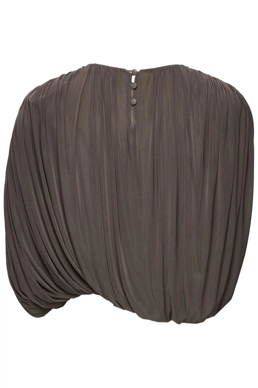 Magda butrym womens draped cupro top brown showing back with charcoal gray pleated fabric and three matching buttons