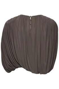 Magda butrym womens draped cupro top brown showing back with charcoal gray pleated fabric and three matching buttons