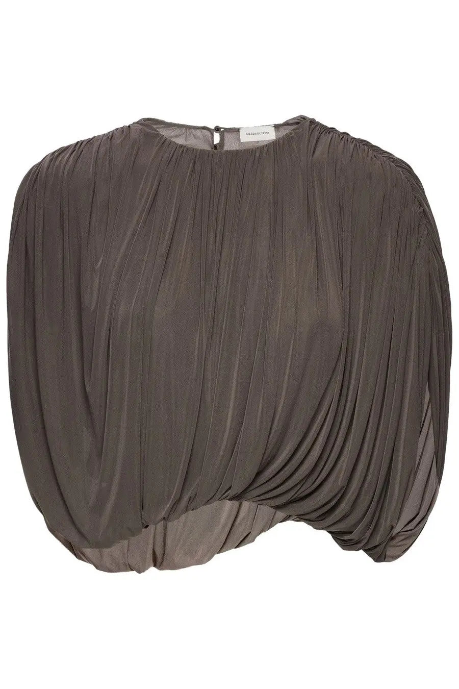 Magda Butrym women’s draped charcoal-gray pleated cupro top with soft flowing silhouette and subtle texture