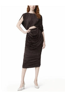 Magda butrym women’s sleek dark brown ruched midi dress with draped asymmetrical cupro top and fitted skirt