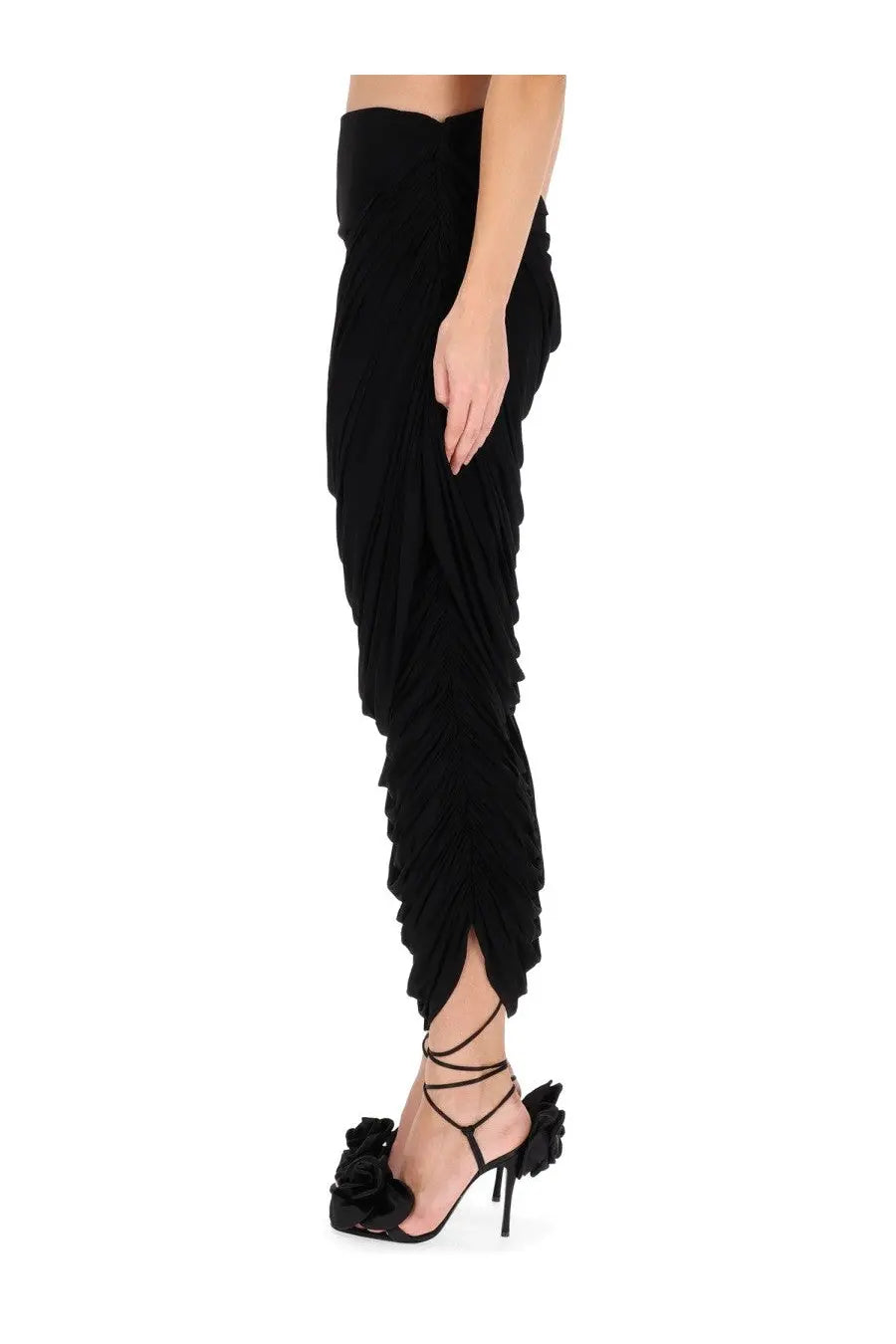 Magda butrym women’s black high-waisted pleated trousers with ruffled detailing along the leg