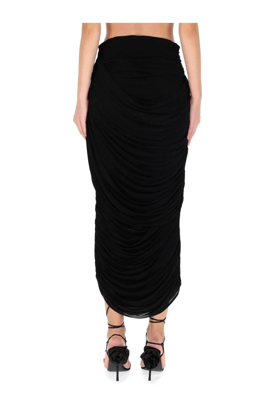 Magda Butrym women’s black ruched midi skirt with draped flowing silhouette in lightweight fabric for elegant wear