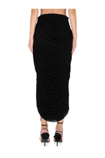 Magda Butrym women’s black ruched midi skirt with draped flowing silhouette in lightweight fabric for elegant wear