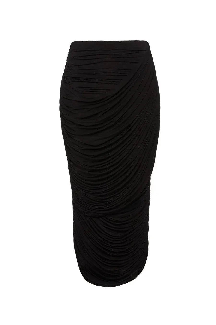 Black ruched midi skirt with a sleek form fitting silhouette from magda butrym womens draped collection