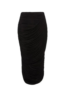Black ruched midi skirt with a sleek form fitting silhouette from magda butrym womens draped collection