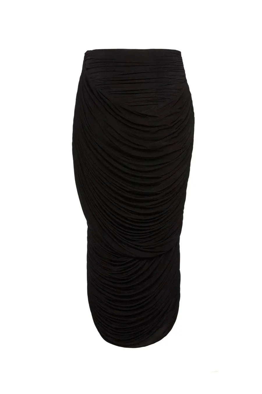 Magda Butrym women’s black ruched midi skirt with sleek form-fitting silhouette ideal for elegant occasions