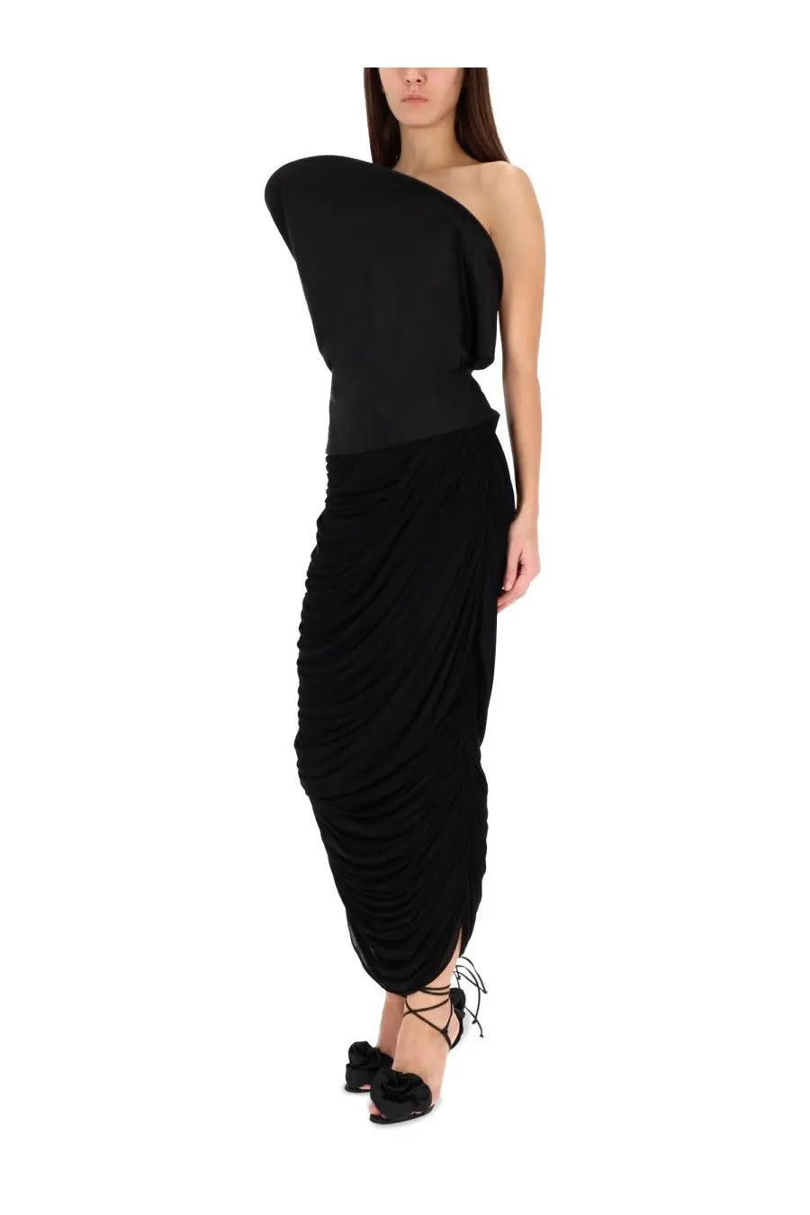 Black one-shoulder draped maxi dress with ruched detailing from magda butrym women’s collection