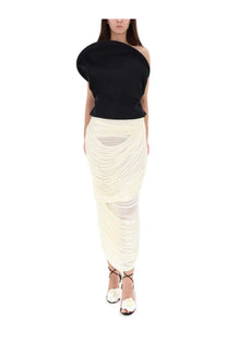 Magda butrym women’s draped midi skirt white paired with a black one-shoulder asymmetrical top