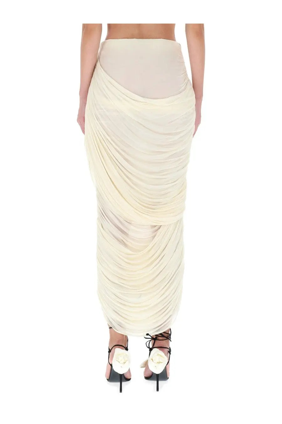 Magda Butrym women’s draped midi skirt in white with high-waisted design and flowing soft fabric folds