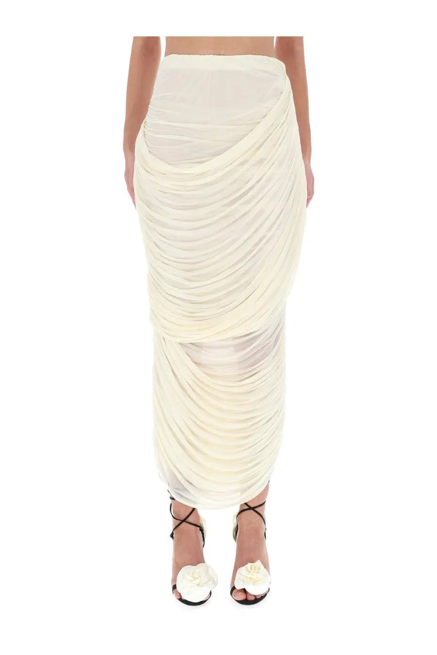 Magda Butrym women’s draped midi skirt in white featuring sheer lightweight fabric and soft ruched folds