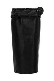 Black faux leather midi skirt with gathered ruched waistband by magda butrym in floral detail design