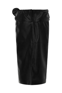 Magda Butrym women’s black satin-like faux leather midi skirt with gathered waistband and side bow detail