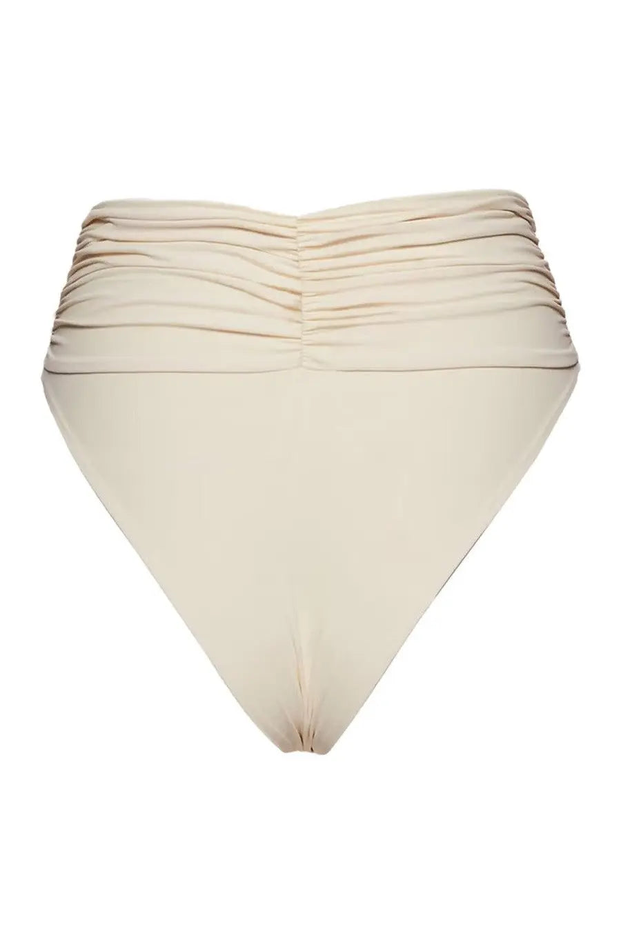 Cream-colored magda butrym women’s high waist bikini bottom with ruched gathered waistband detail