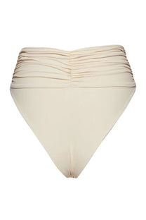 Cream-colored magda butrym women’s high waist bikini bottom with ruched gathered waistband detail