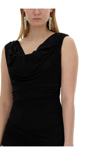 Magda Butrym women’s black jersey dress with sleeveless design draped neckline and ruched bodice